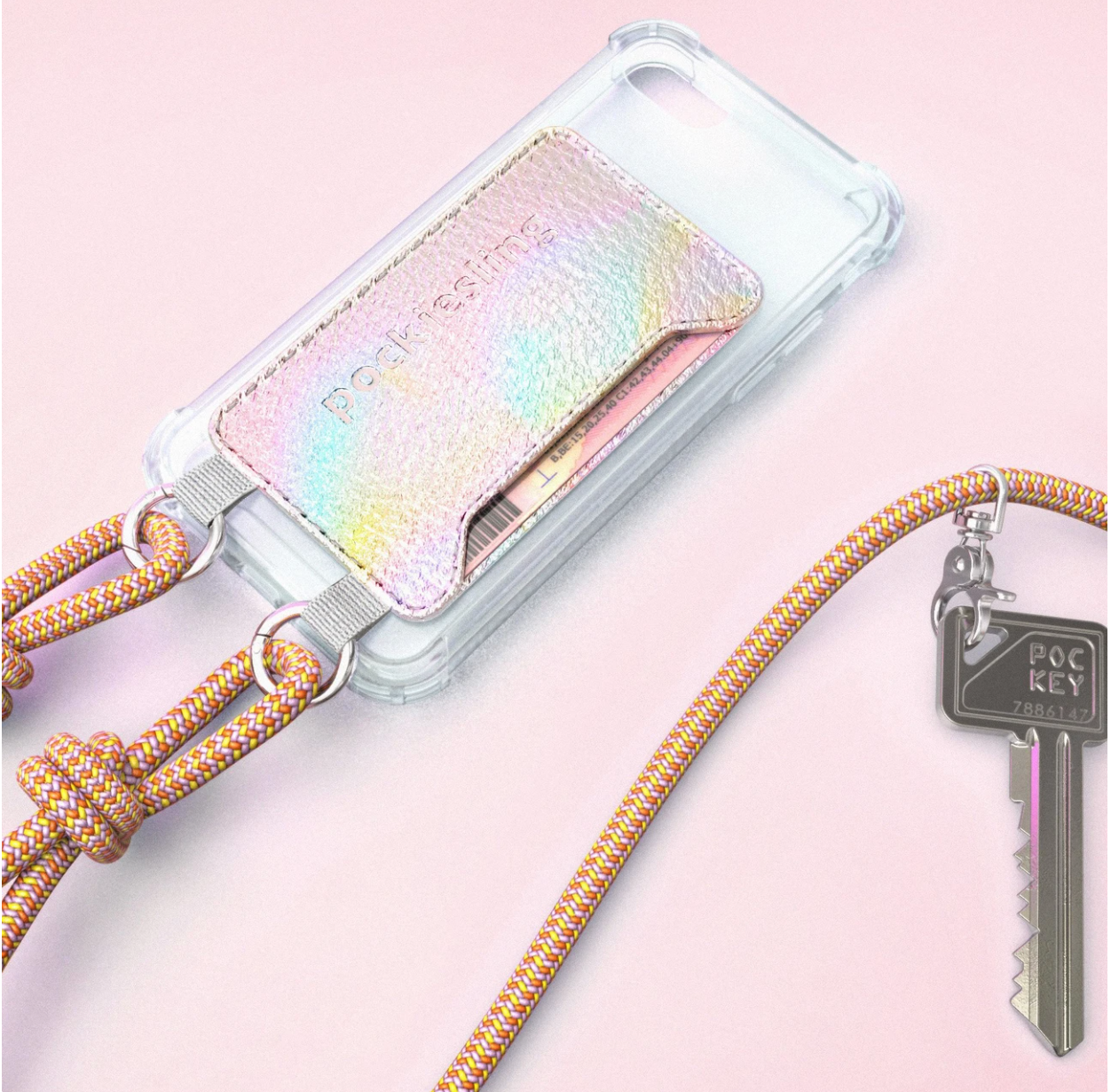 POCKIESLING TELEFOONHOESJE HOLOGRAPHIC + KOORD MULTICOLAR