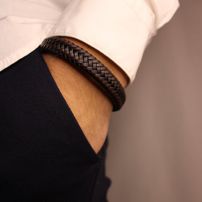 BIG BRAIDED LEATHER BRUIN EN ZWART MANNENARMBAND