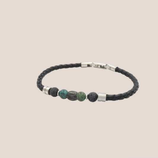LEATHER WITH BEADS GROEN MANNENARMBAND