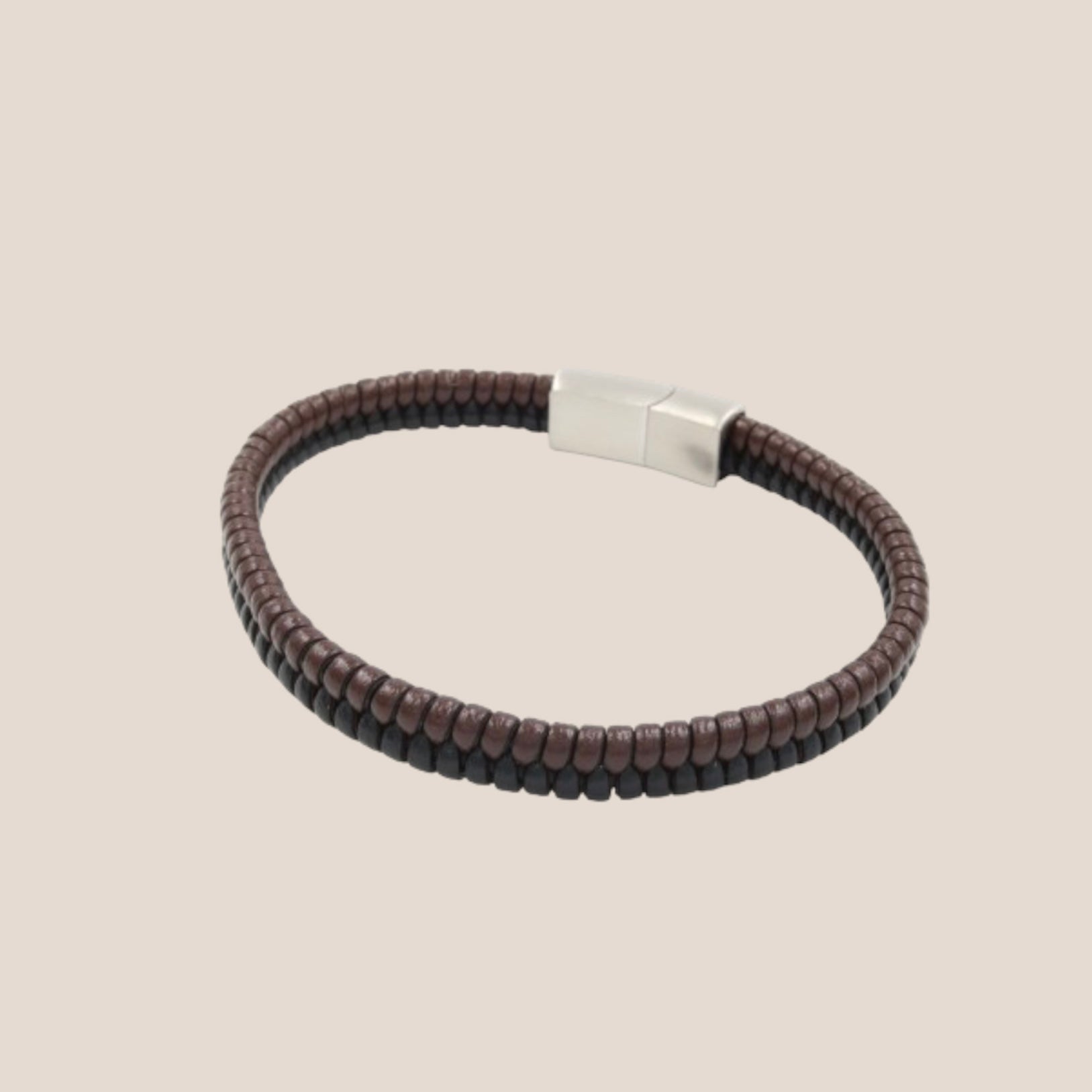 BRAIDED SHINY LEATHER BRUIN EN ZWART MANNENARMBAND