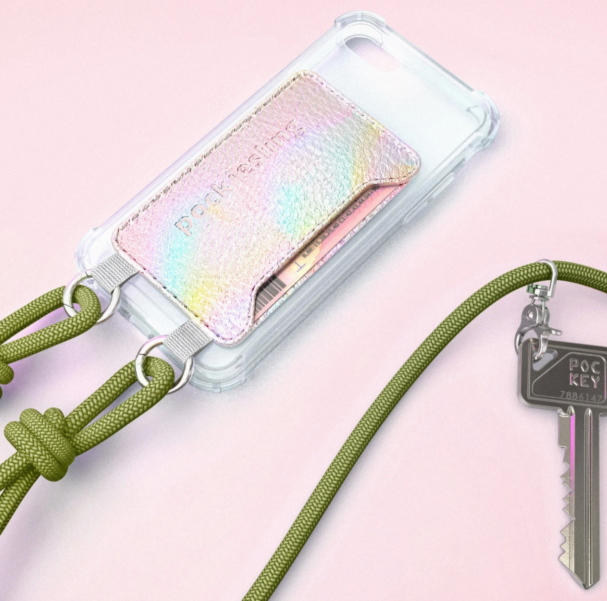 POCKIESLING TELEFOONHOESJE HOLOGRAPHIC + KOORD GROEN